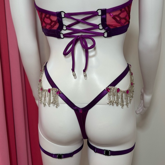 Pink & Purple Sequin Rhinestone Burlesque 5 Piece Lingerie Set XS/XS Hand Sewn - Picture 8 of 17